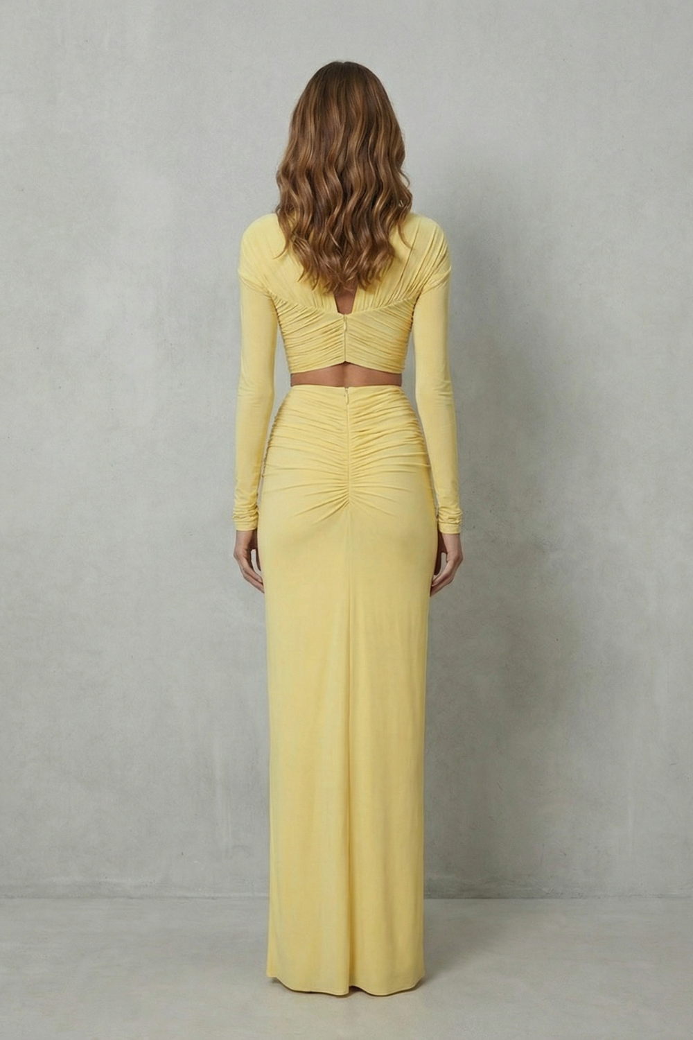Lemon yellow colorway, full-length view of the ruched maxi skirt set