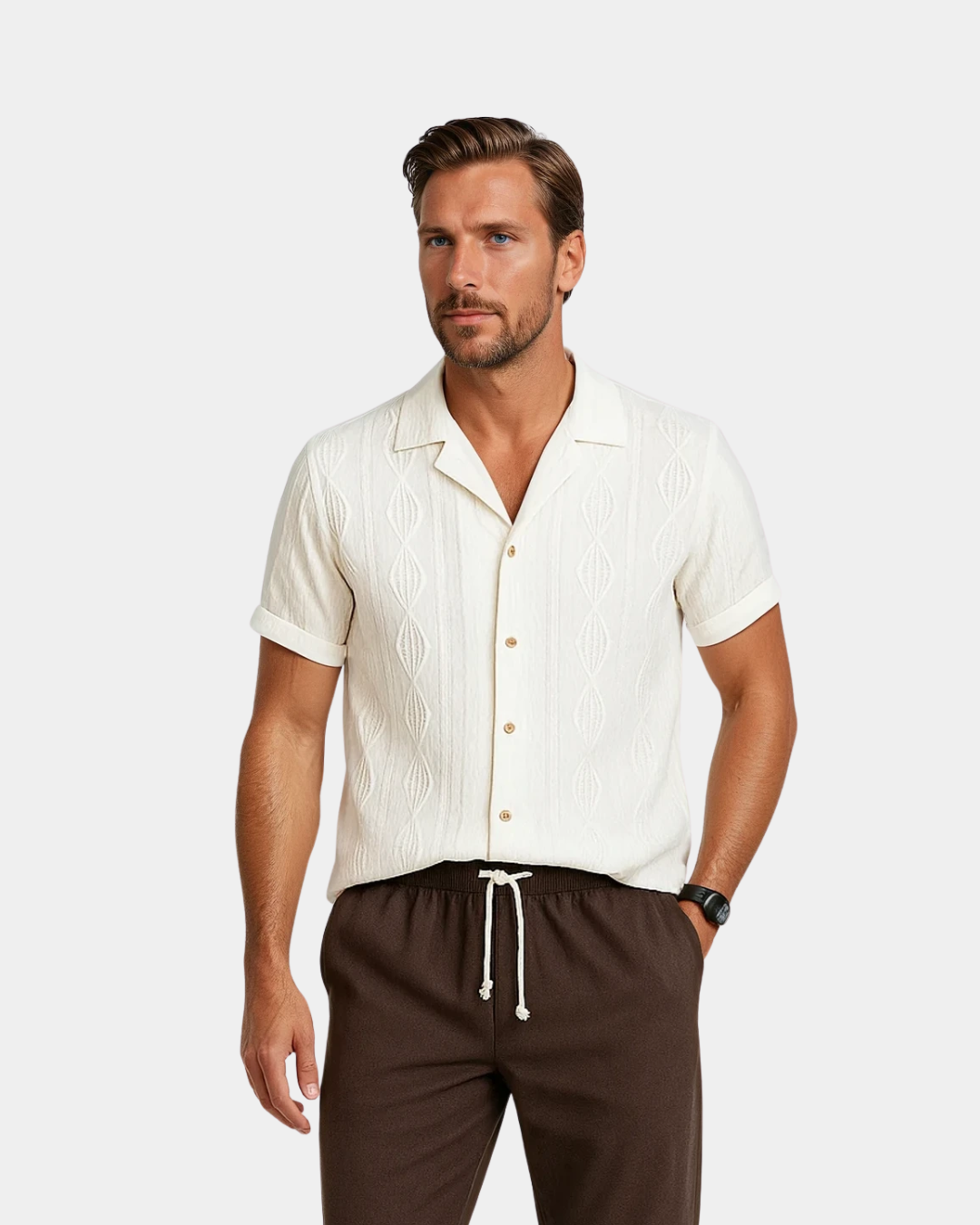 Textured Linen Blend Cuban Set - White and Coffee