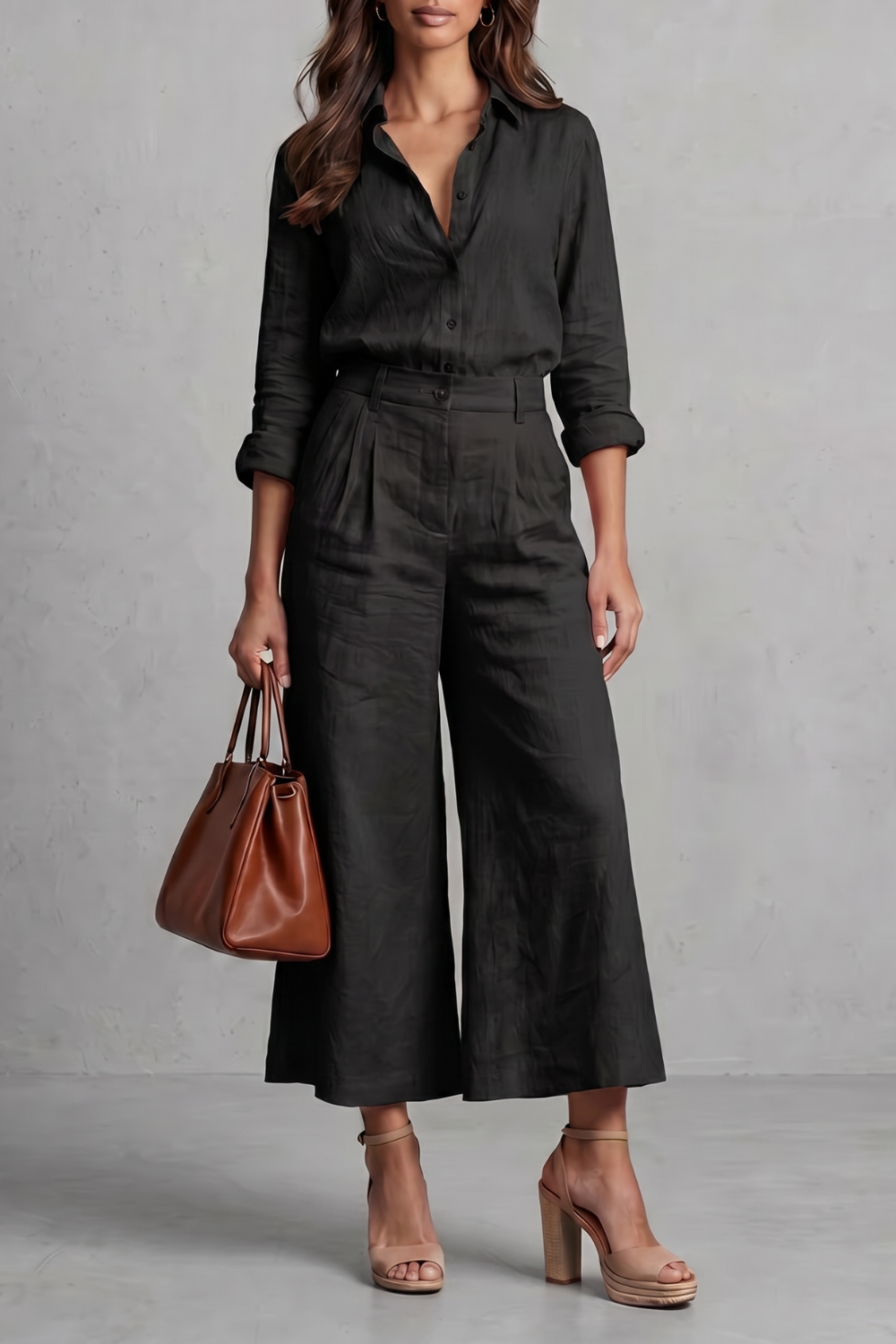 Close-up of the subtle waist pleats and belt loops on the wide-leg pants