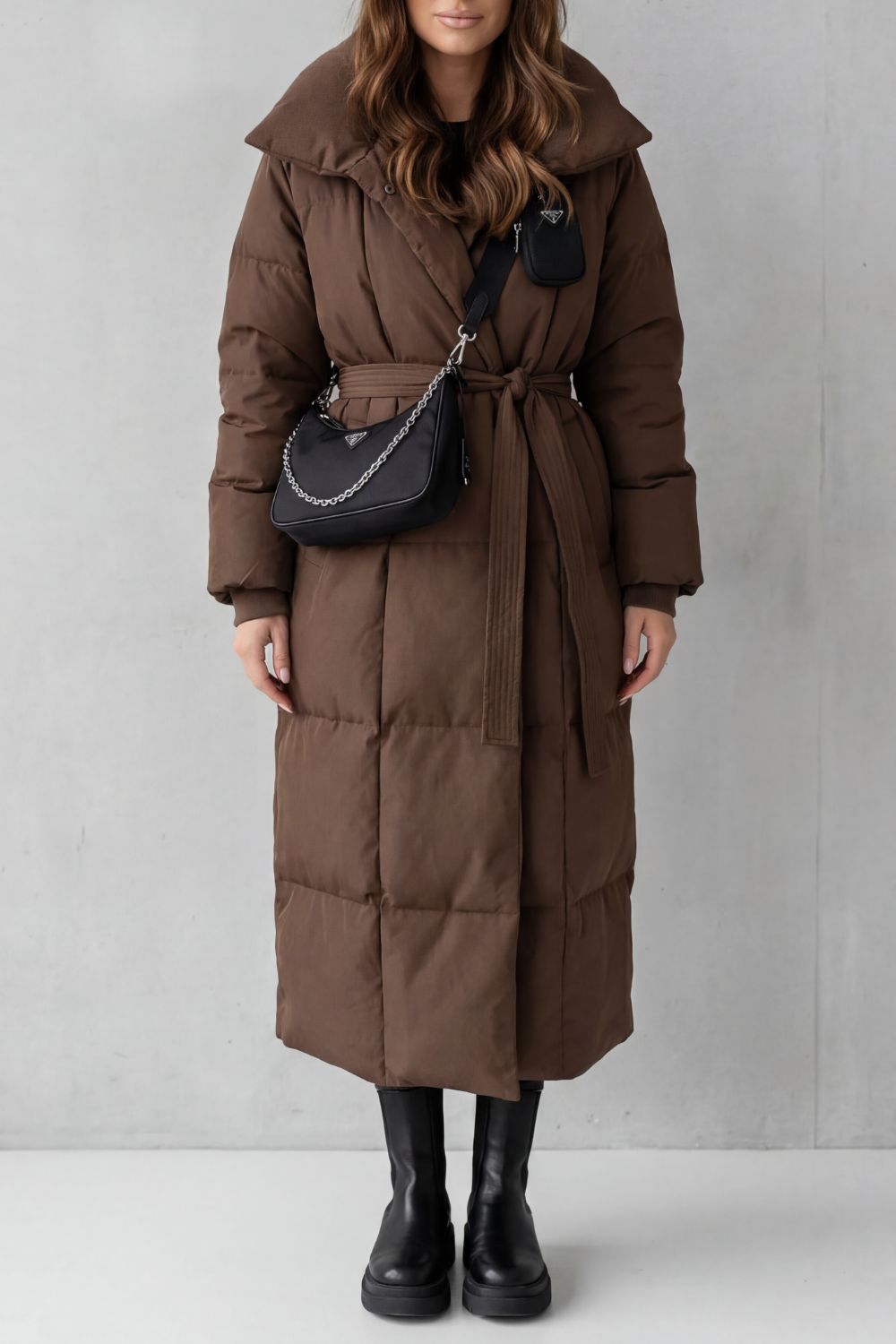 Women's Belted Long Puffer Coat with a Stylish Silhouette - Frescetta