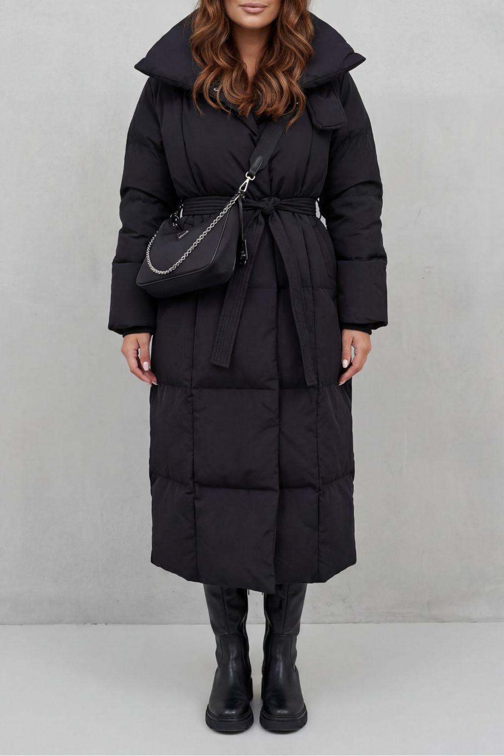 Women's Belted Long Puffer Coat with a Stylish Silhouette - Frescetta