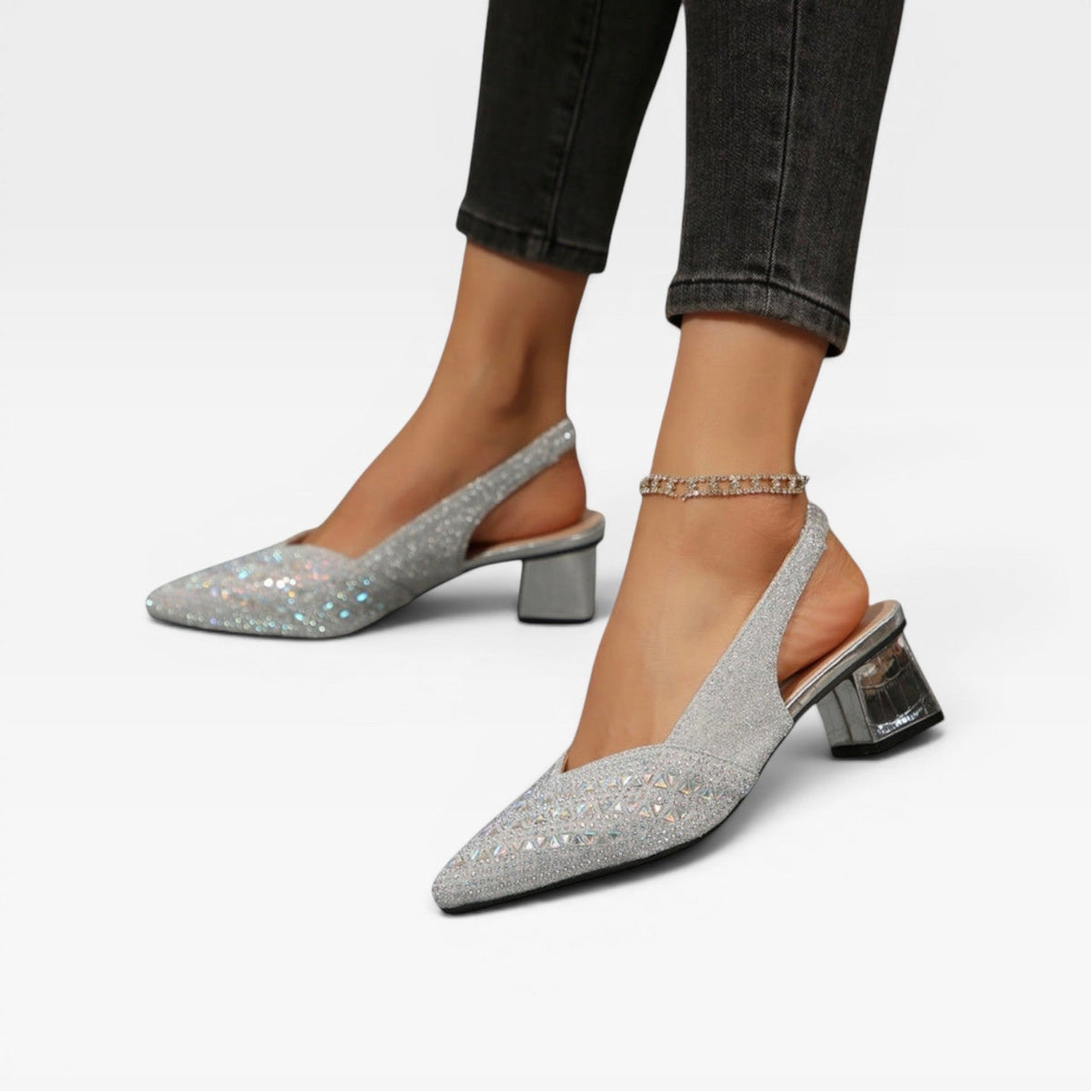Women's Rhinestone Slingback Pumps – Block Heel Wedding Shoes | Ferndale