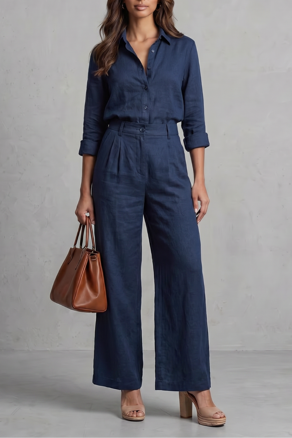 Black colorway of the linen-look shirt and wide-leg pants set, full-length view