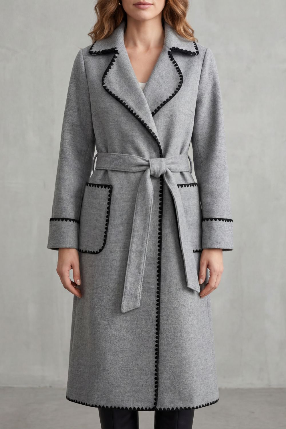Women's Longline Belted Coat with Contrast Trim - Serafelle