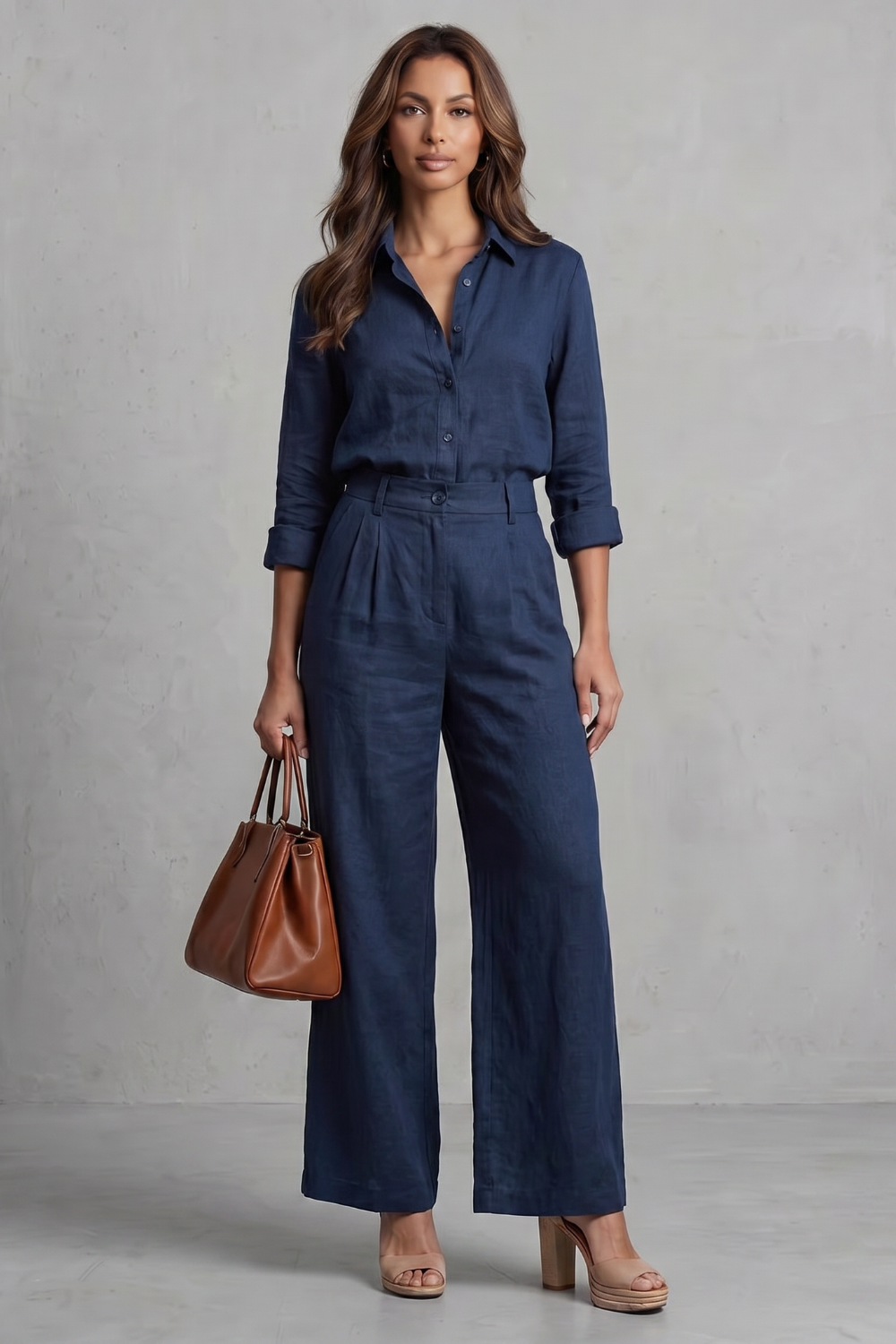 Navy colorway of the shirt and wide-leg pants set styled with espadrille heels