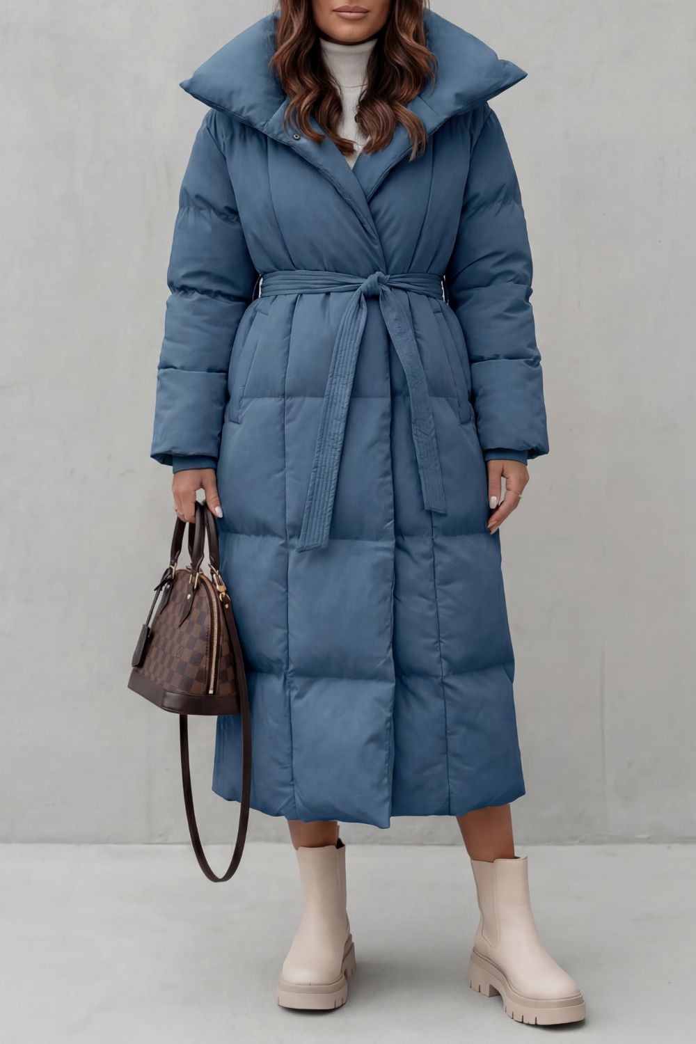Women's Belted Long Puffer Coat with a Stylish Silhouette - Frescetta