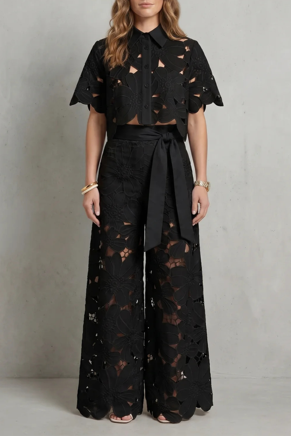 Blue colorway of the embroidered lace top and skirt set, full-length view