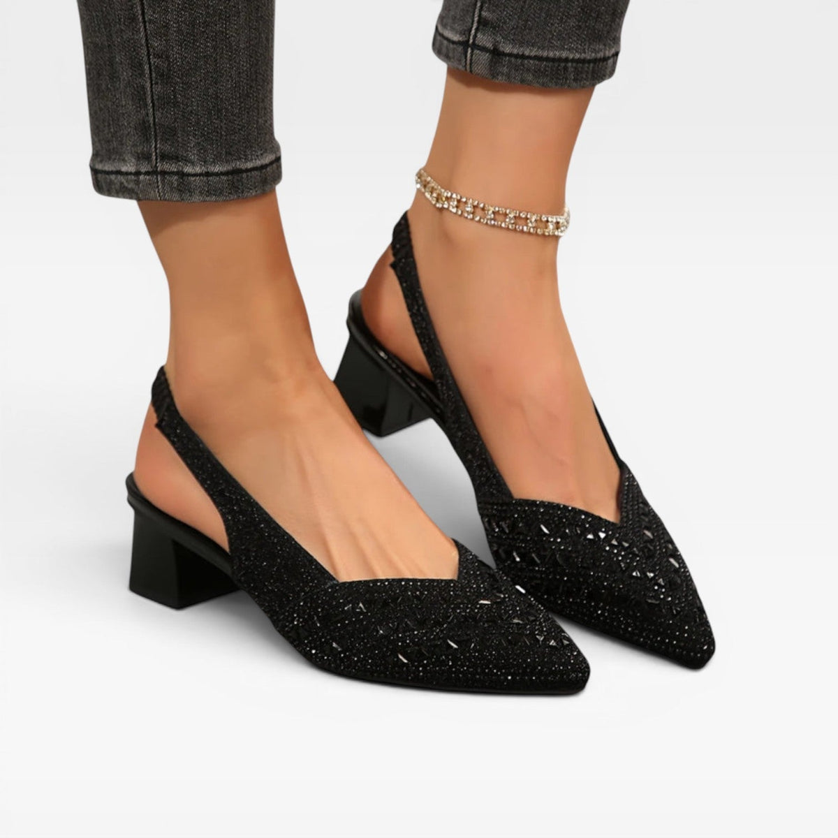 Women's Rhinestone Slingback Pumps – Block Heel Wedding Shoes | Ferndale
