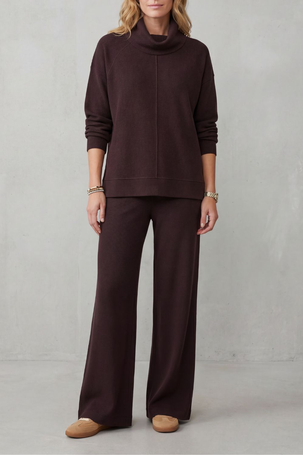 Brown colorway of the two-piece turtleneck lounge set, full-length view