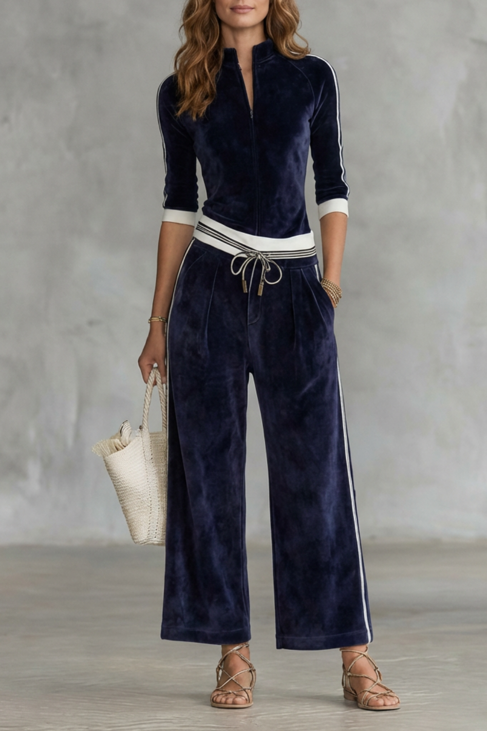 Women's velour zip-up track top and wide-leg pants lounge set, front view