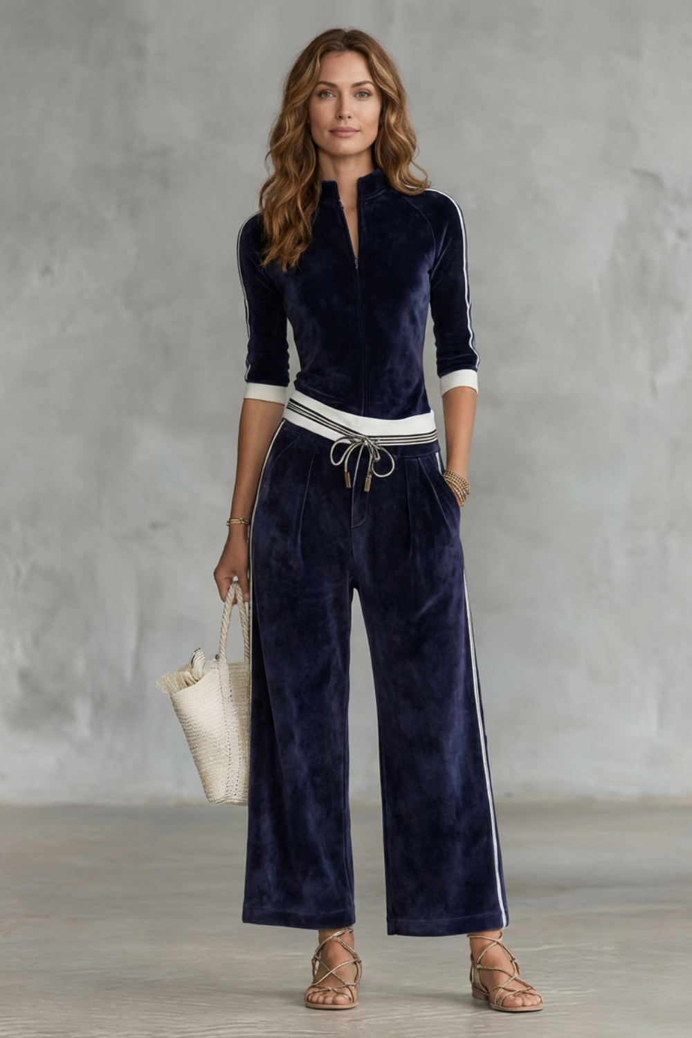Side view of the Alix velour track set in dark blue