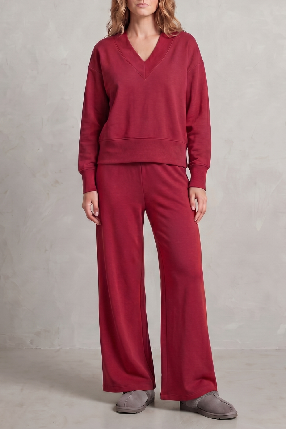 Red colorway of the wide-leg lounge set, full-length view