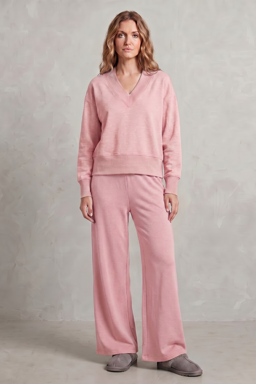 Full-length view of the V-neck top and wide-leg pants lounge set