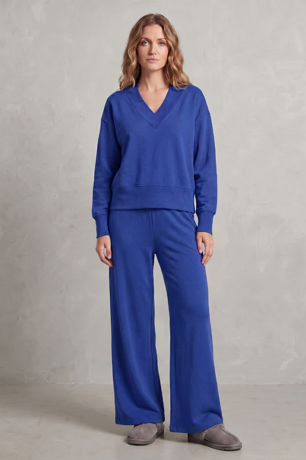 Gray colorway of the wide-leg lounge set, full-length view
