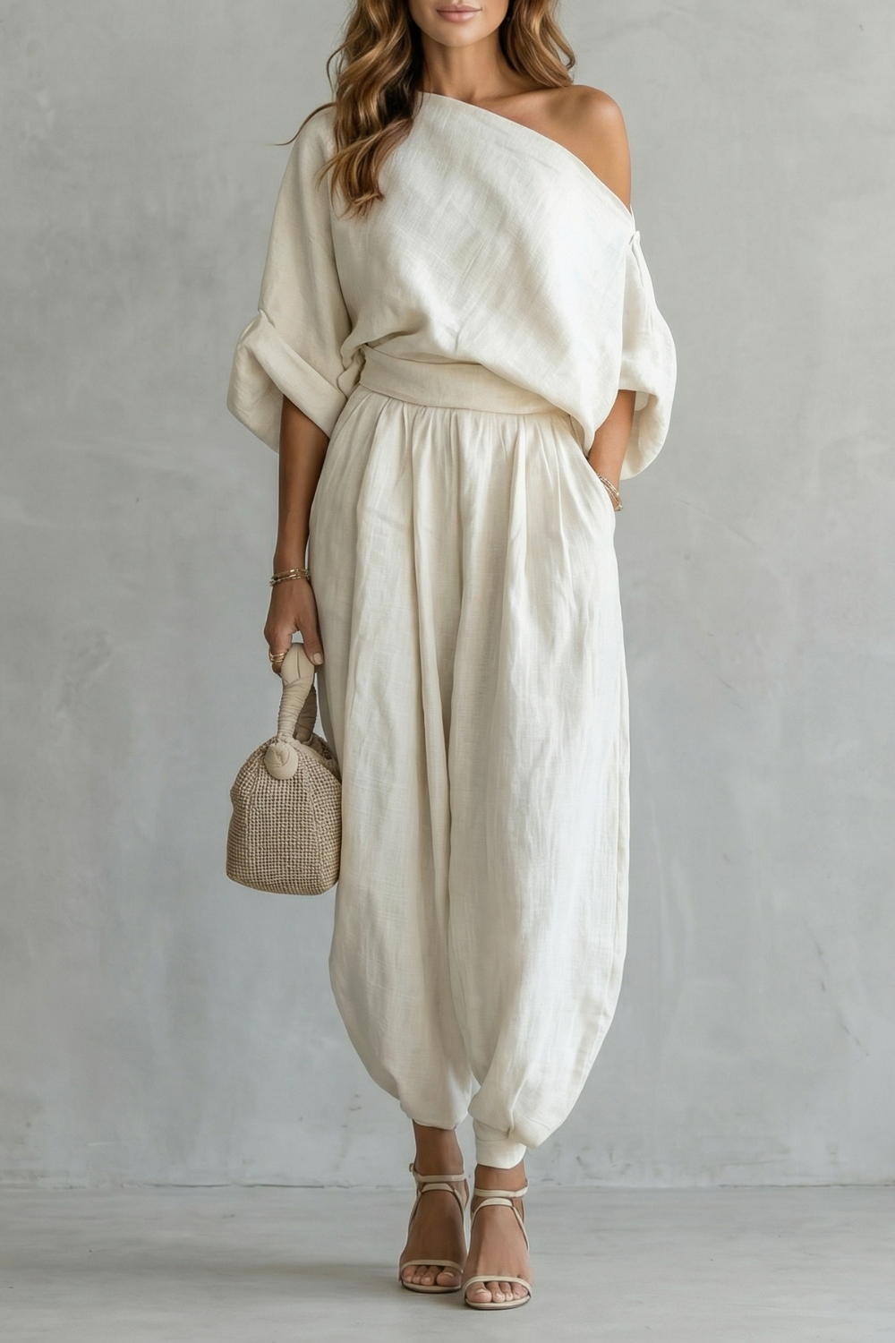 Women's off-shoulder top and tapered pants two-piece set, front view