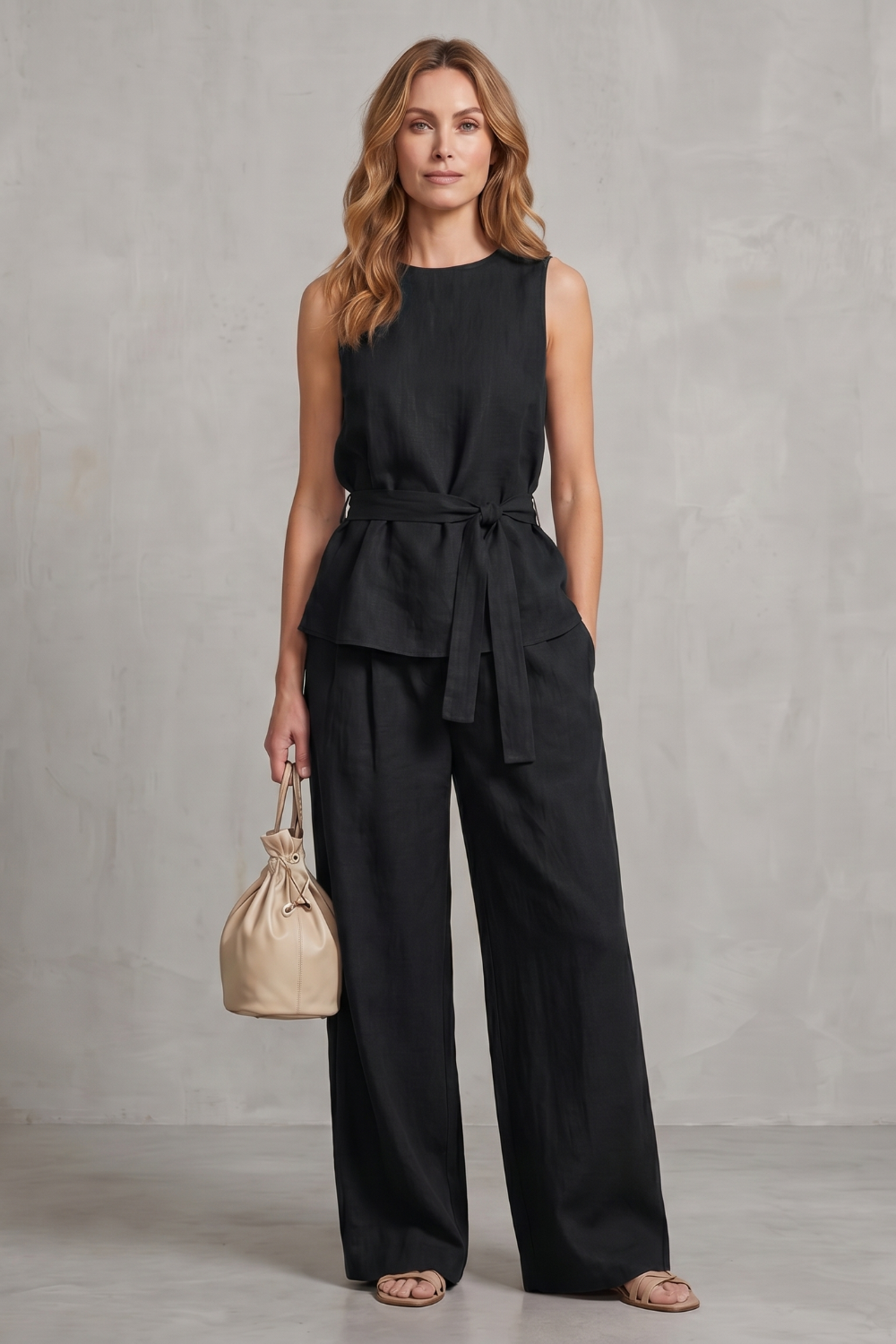 Light Blue colorway of the sleeveless tie-waist pants set, full-length view