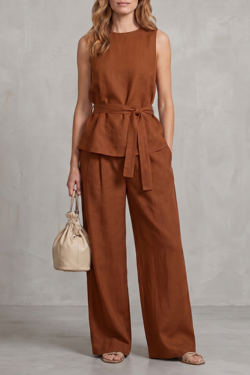 Tie-waist set styled with minimalist sandals and a woven handbag