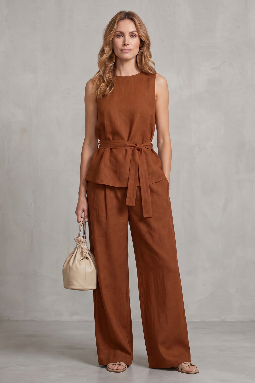 Seated view showing the drape of the flowing wide-leg pants