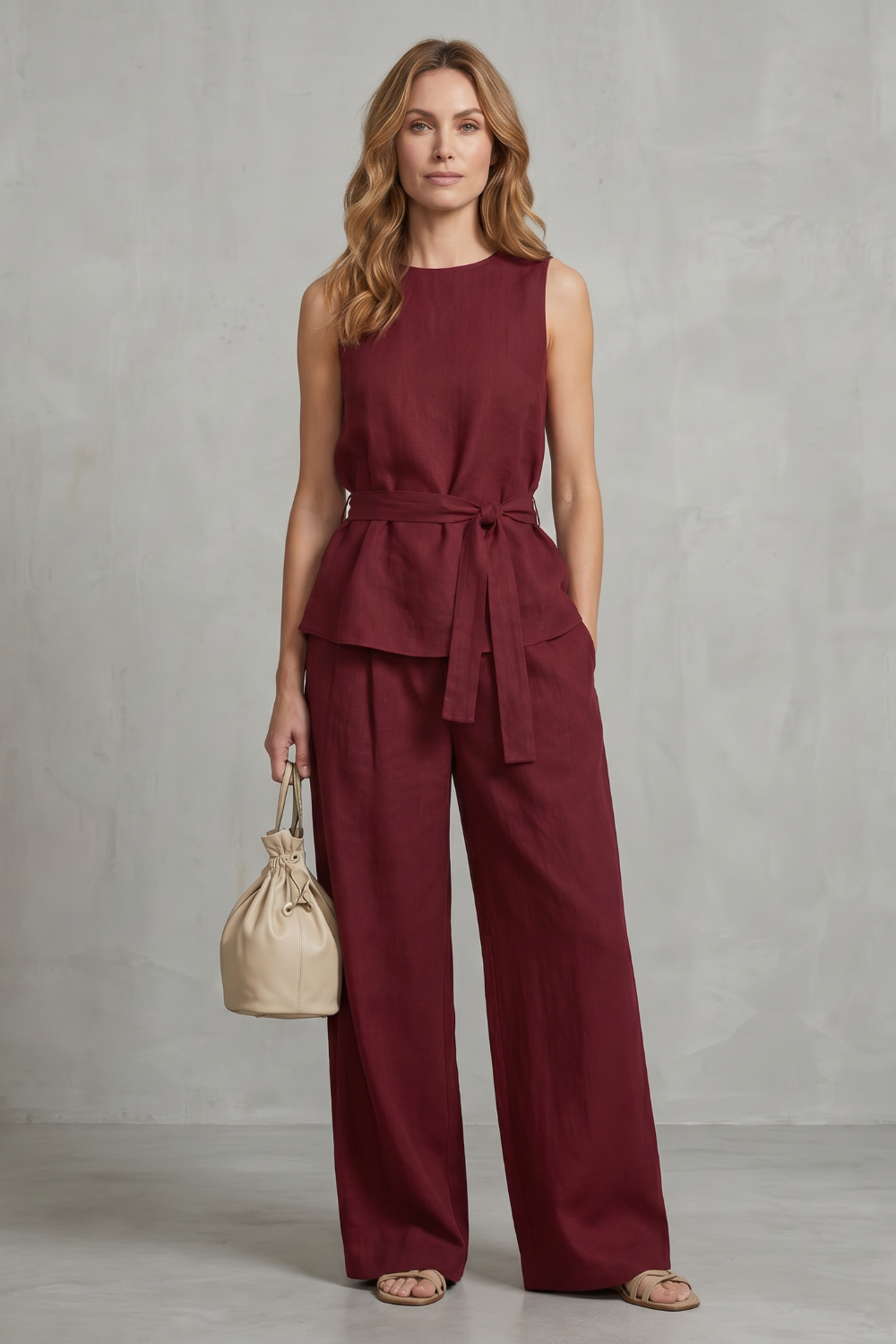 Side view of the sleeveless tailored top and flowing wide-leg pants