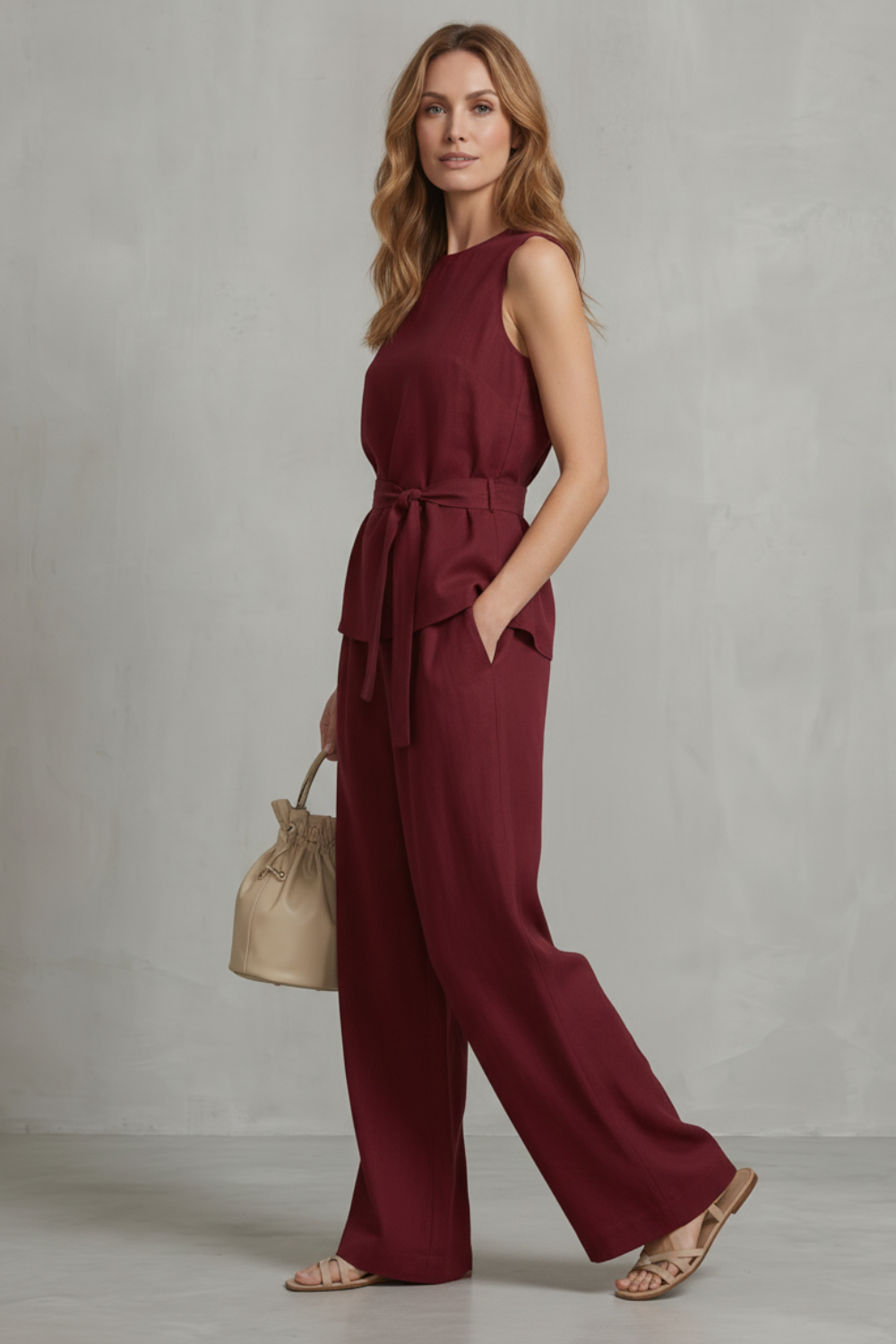Back view of the coordinated sleeveless top and wide-leg pants set