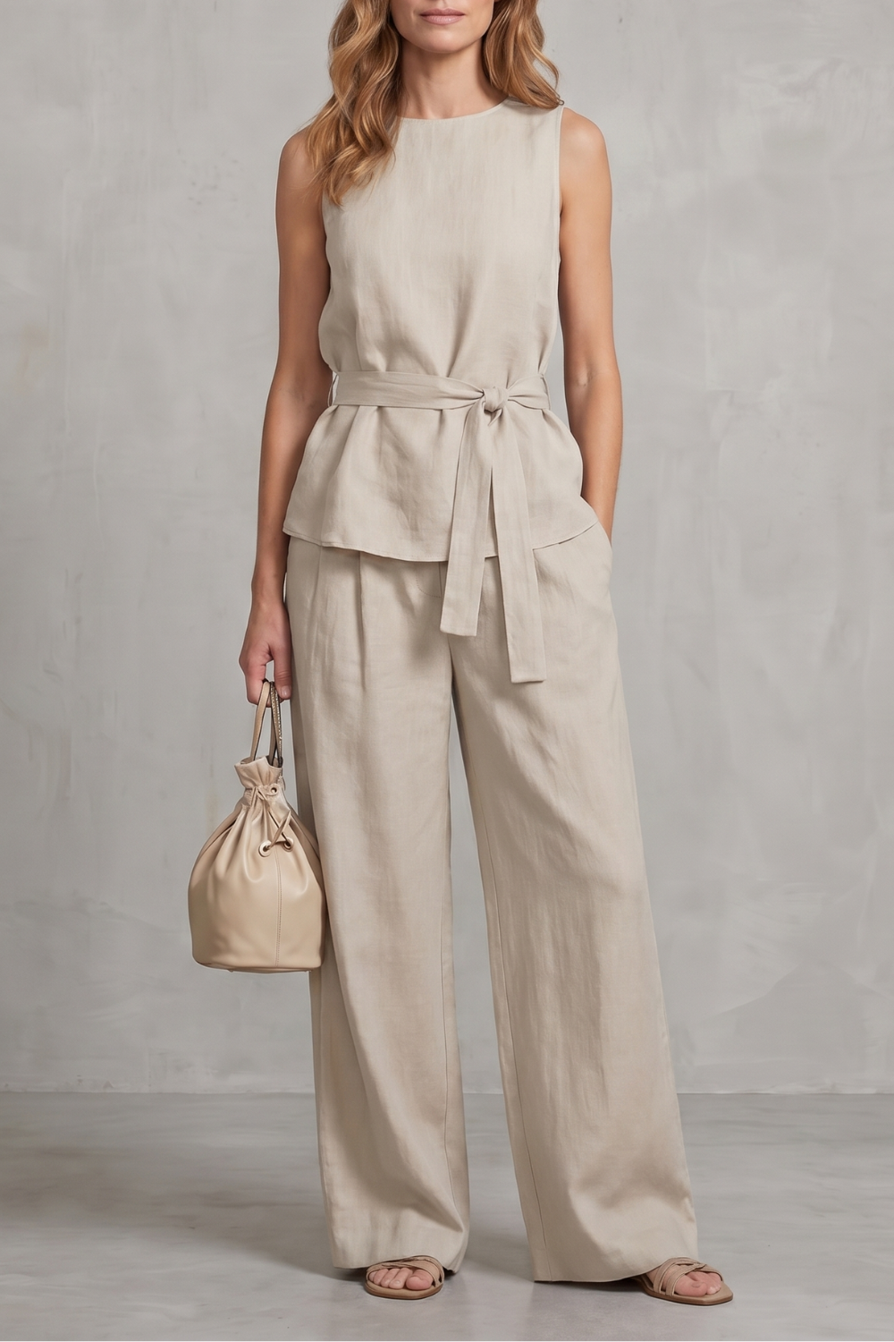 Red colorway of the sleeveless tie-waist pants set, full-length view