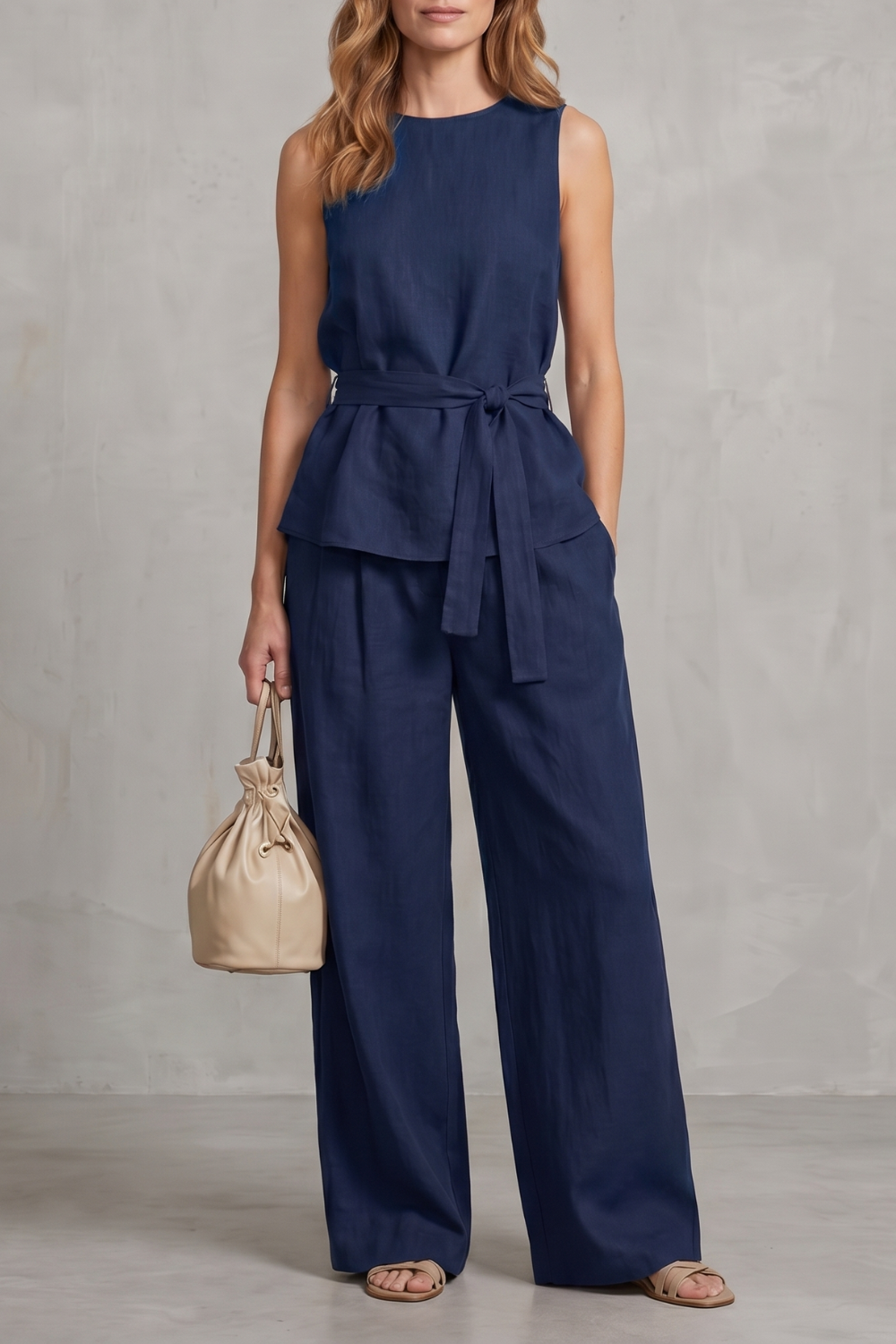 Navy colorway of the sleeveless tie-waist pants set, full-length view