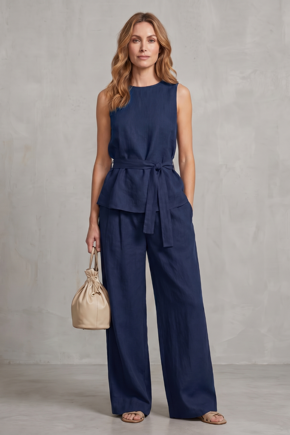 Black colorway of the sleeveless tie-waist pants set, full-length view