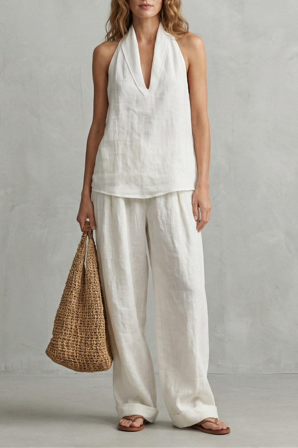 Women's halter V-neck top and wide-leg pants set, front view