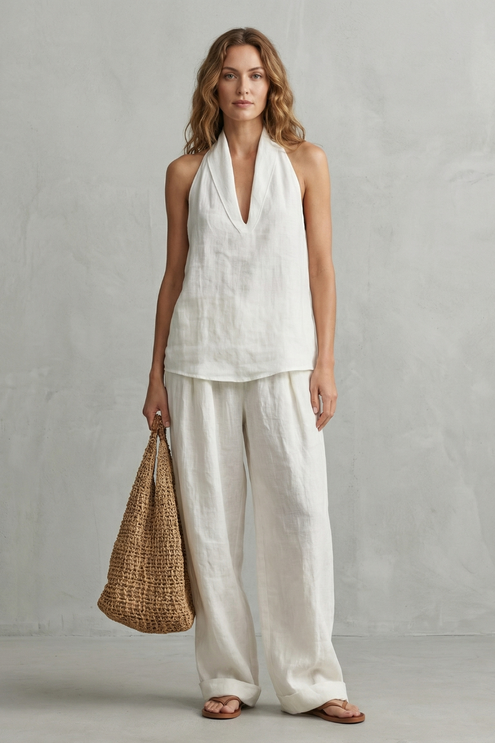 Side view of the halter V-neck top and flowing wide-leg pants