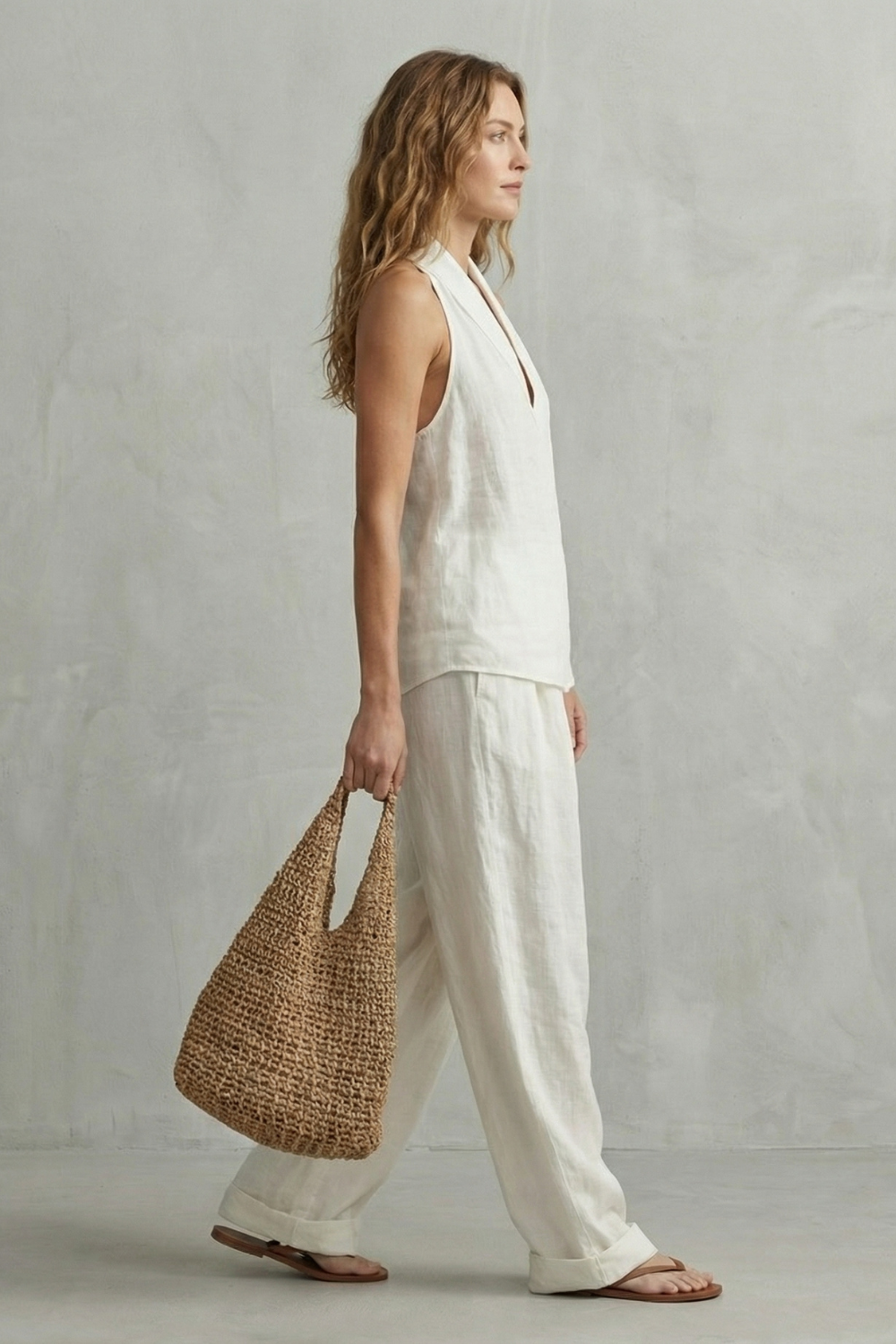 Detail close-up of the halter V-neckline and linen-look texture