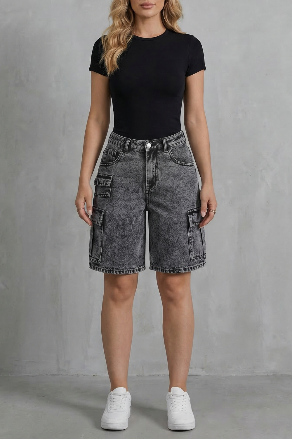 Women's High Rise Denim Cargo Shorts in Gray - Prielle