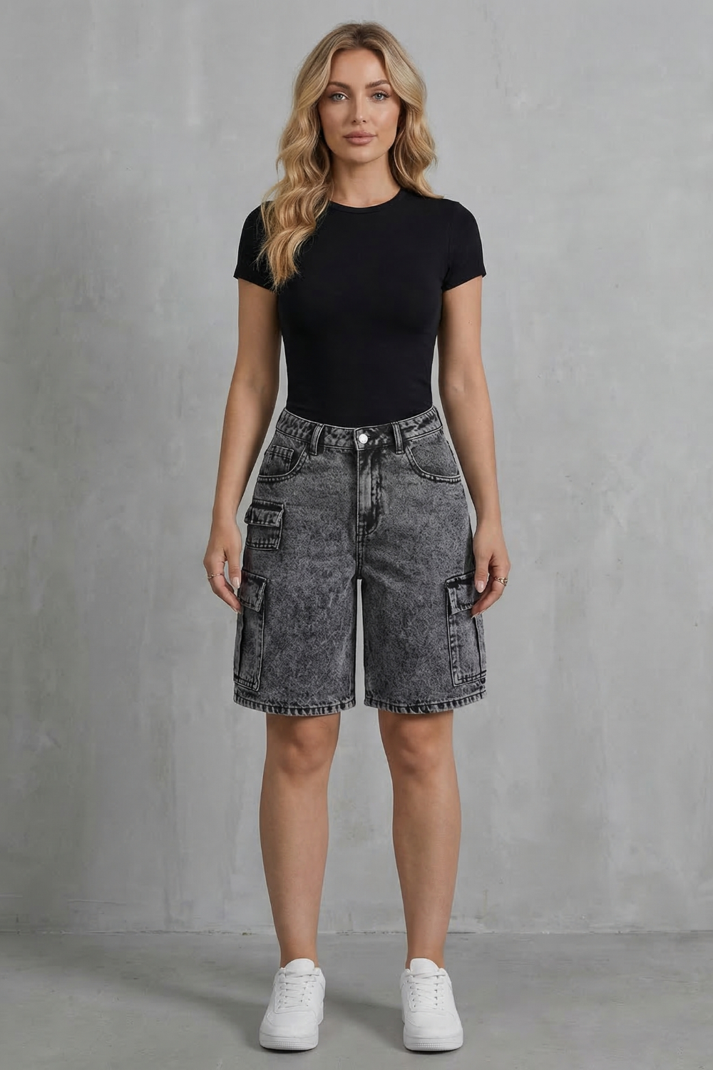Women's High Rise Denim Cargo Shorts in Gray - Prielle