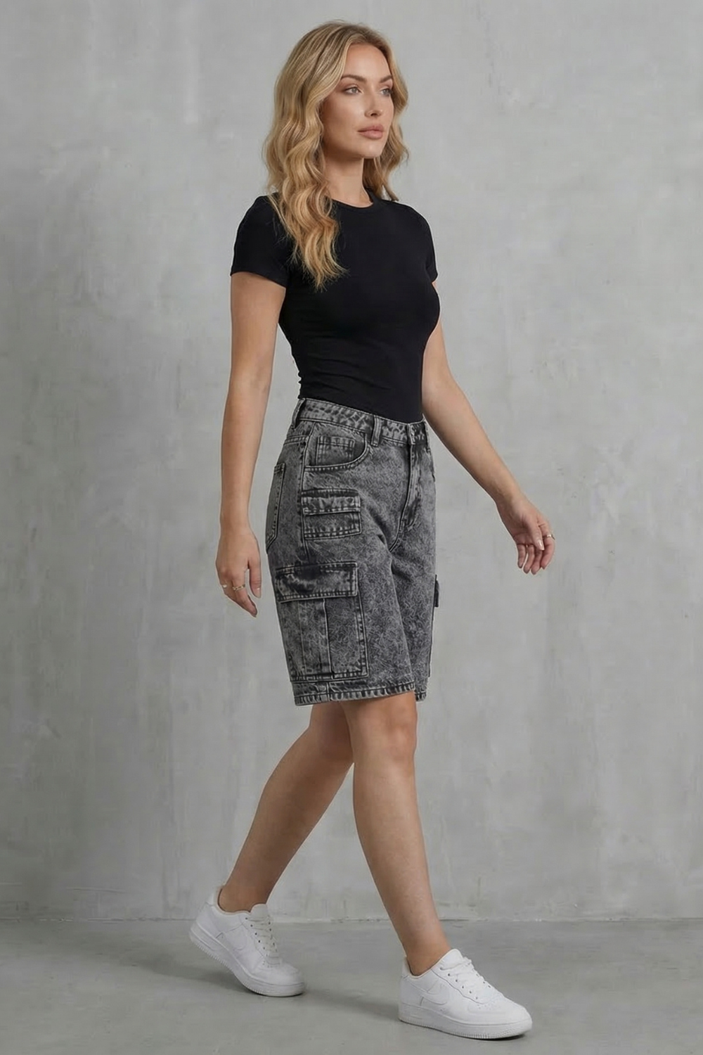 Women's High Rise Denim Cargo Shorts in Gray - Prielle