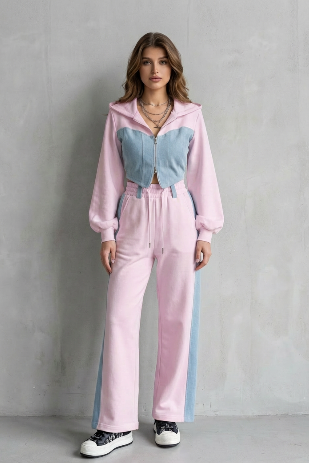 Pink colorway of the cropped hoodie and wide-leg sweatpants set
