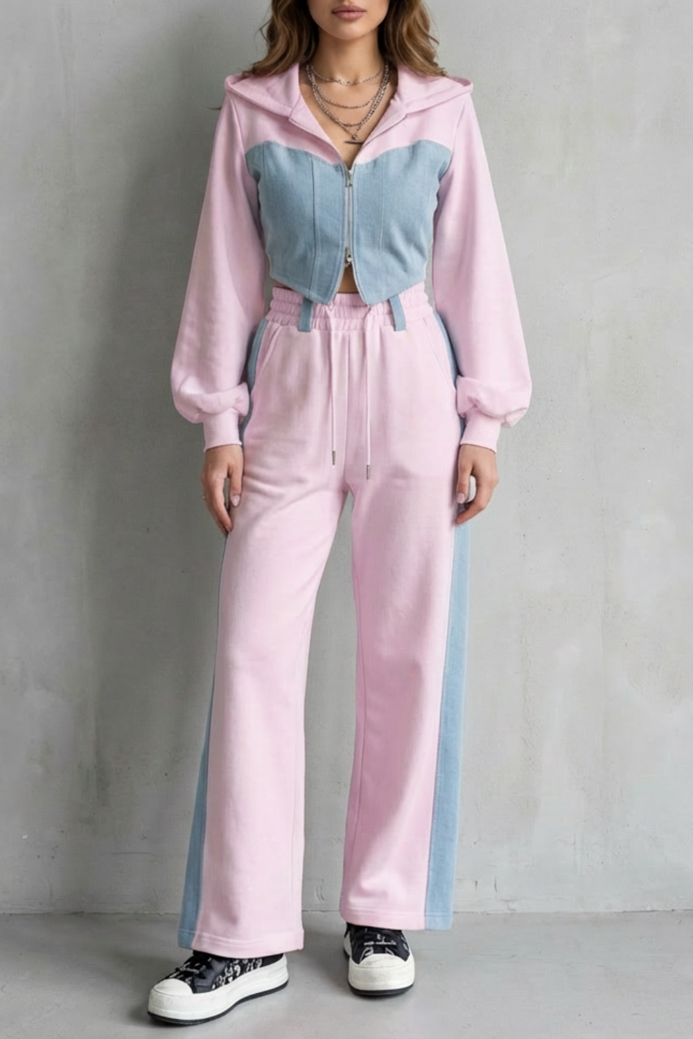 White colorway, full-length view of the denim splice lounge set