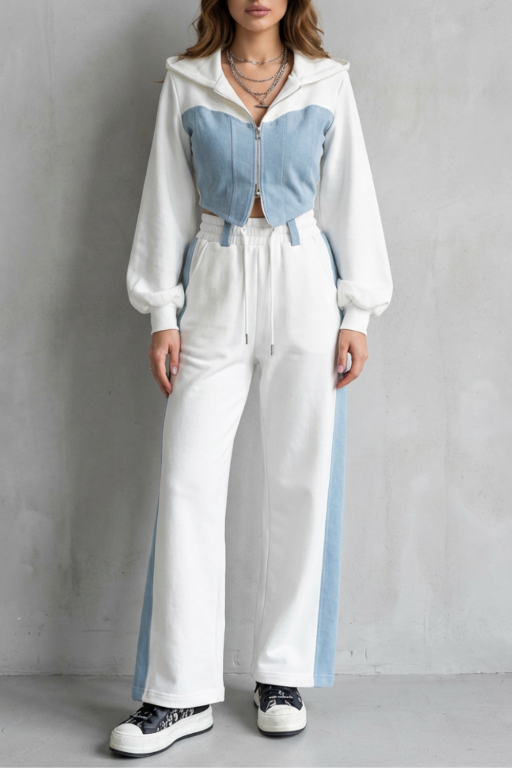 Women's denim splice cropped hoodie and wide-leg sweatpants set, front view