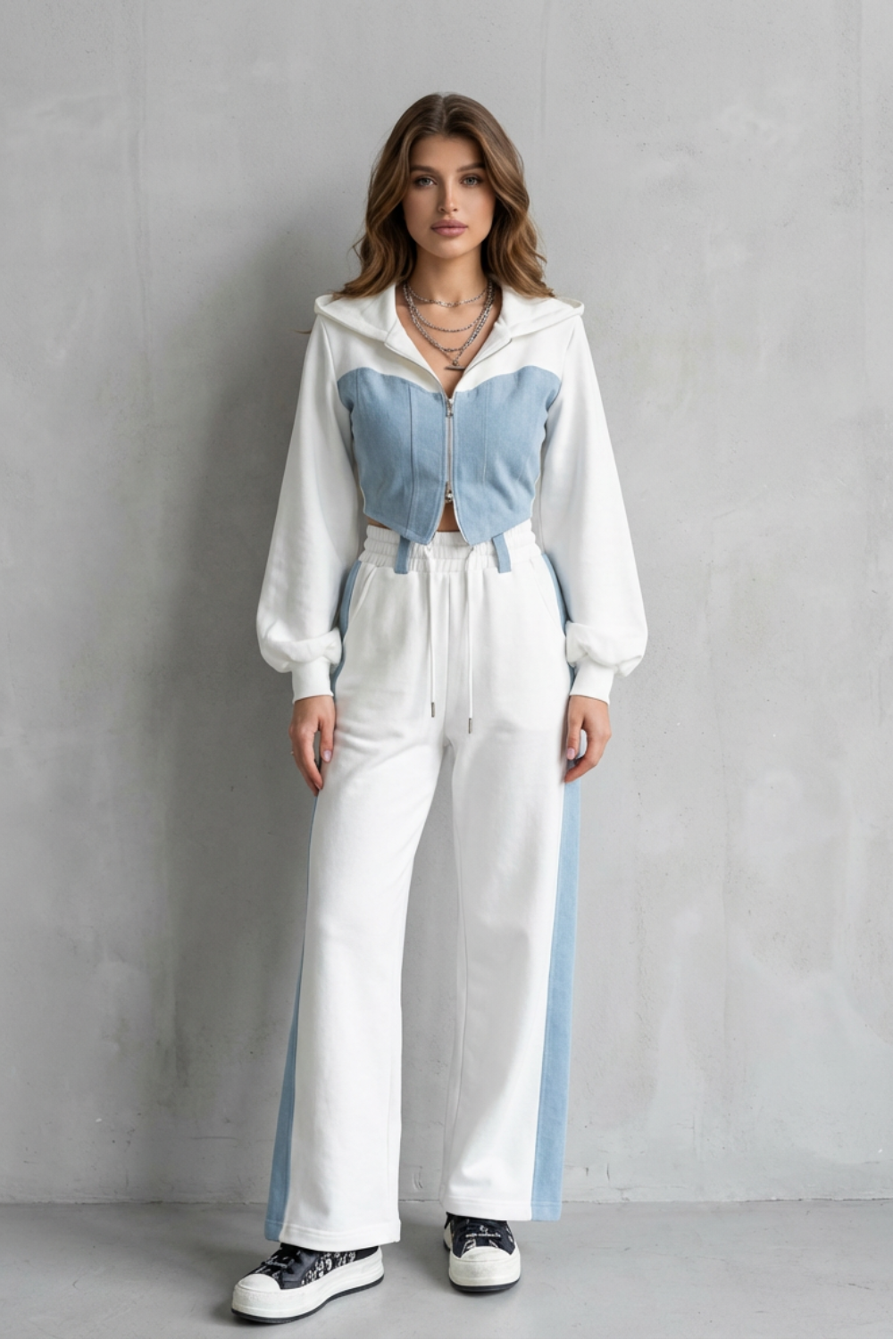 Side view of the denim-spliced cropped hoodie and sweatpants set
