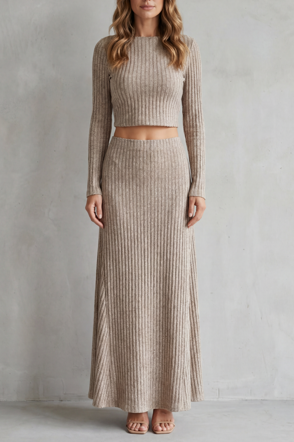 Women's ribbed knit boat-neck top and A-line maxi skirt set, front view