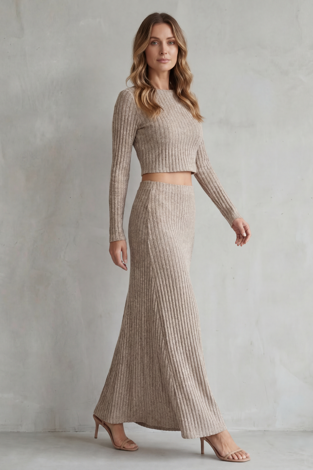 Back view of the coffee ribbed knit two-piece skirt set