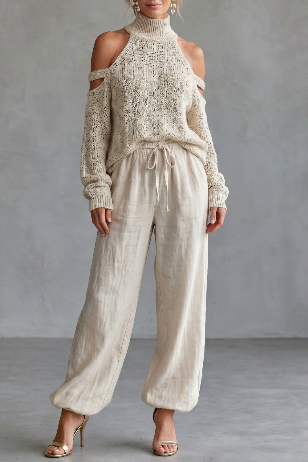 Women's open-shoulder knit top and wide-leg pants lounge set, front view