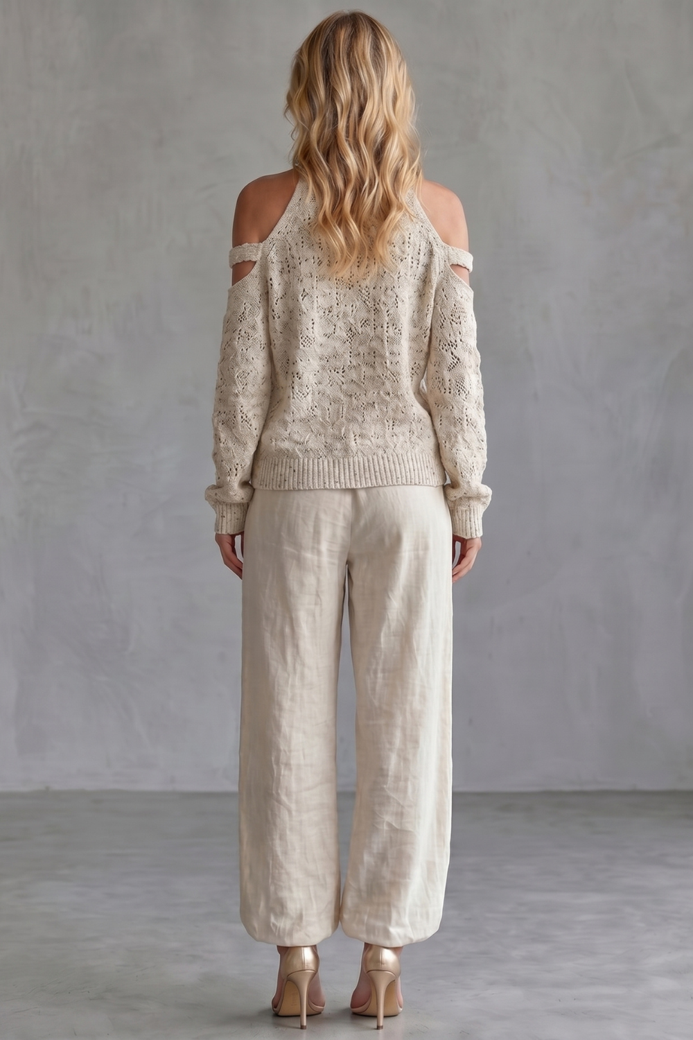 Beige colorway, full-length view of the knit wide-leg pants set