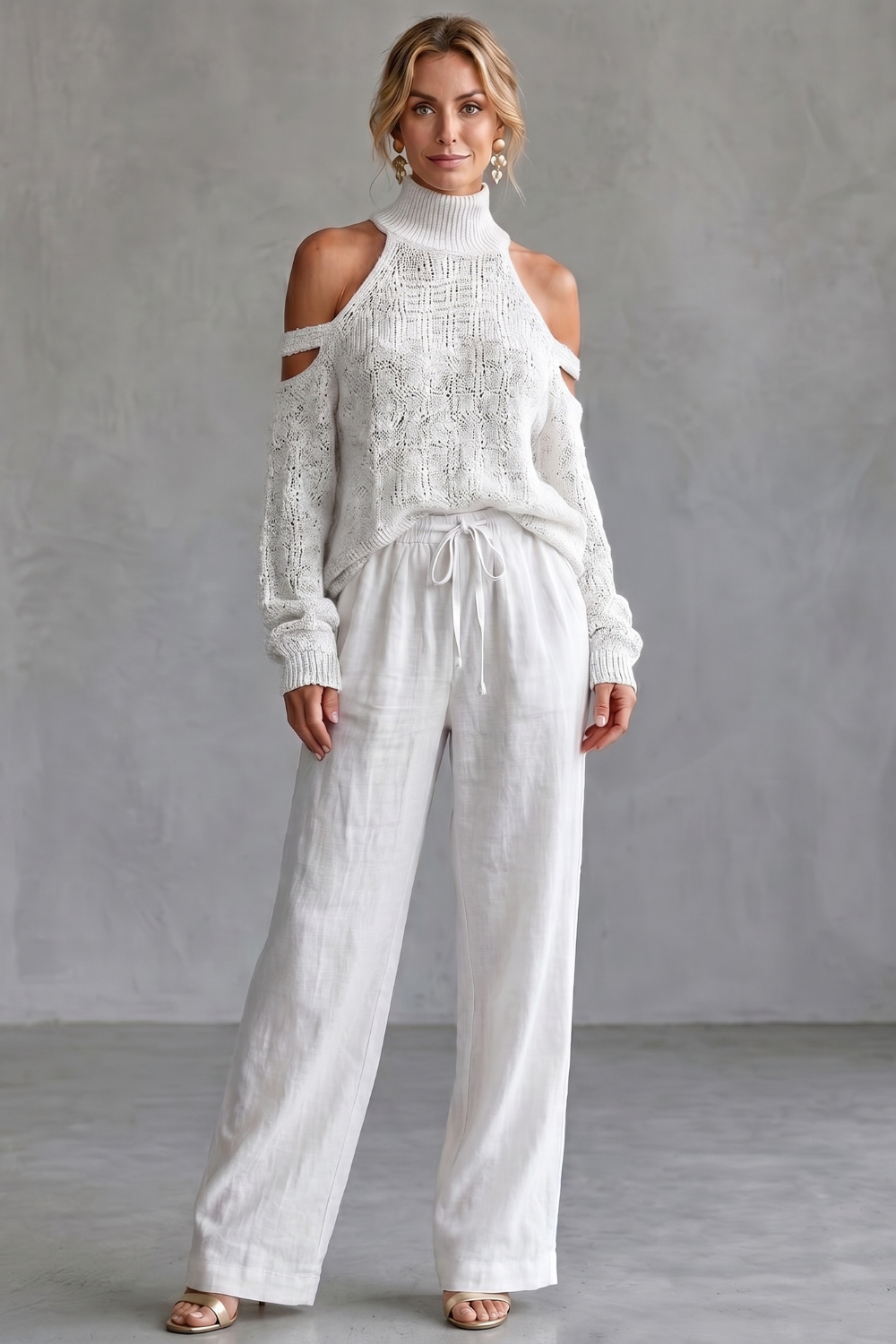 Detail of the drawstring waist on the knit wide-leg pants