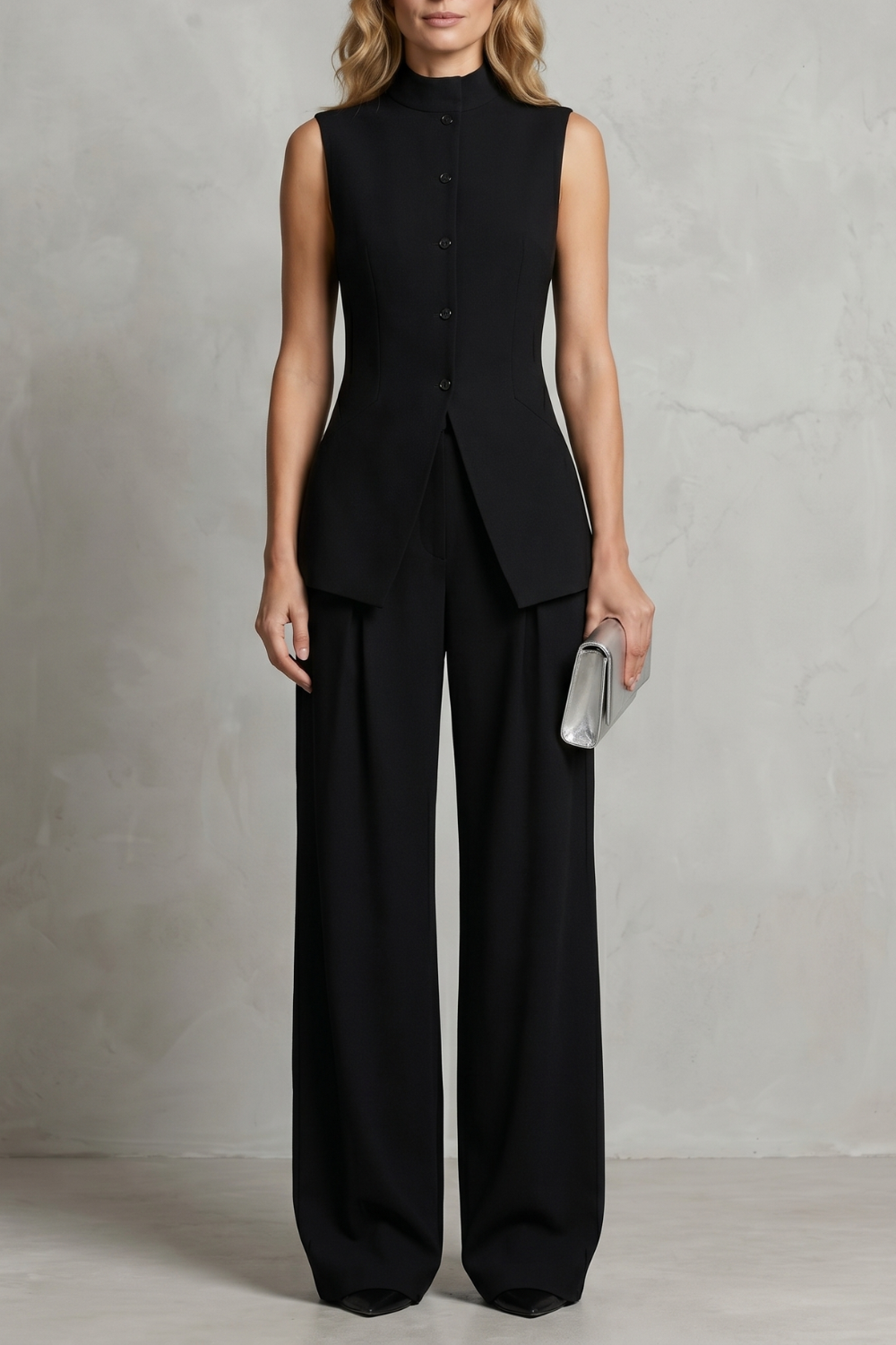 Women's draped sleeveless top and wide-leg pants set, front view
