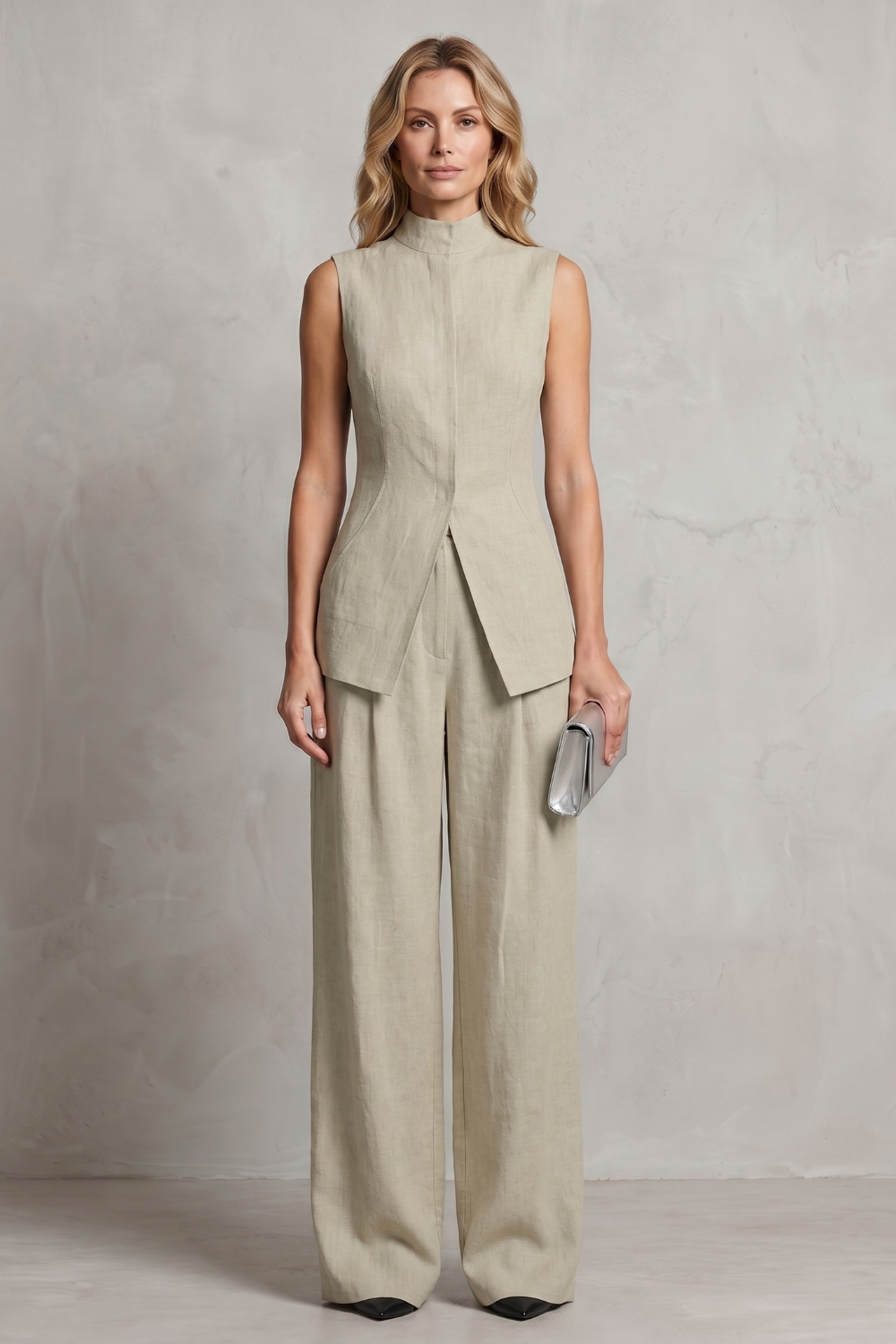 Seated view showing the drape of the sleeveless two-piece set