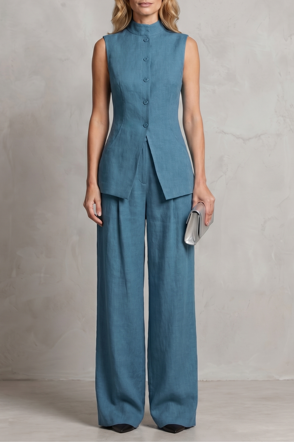 Blue colorway of the sleeveless top and wide-leg pants set