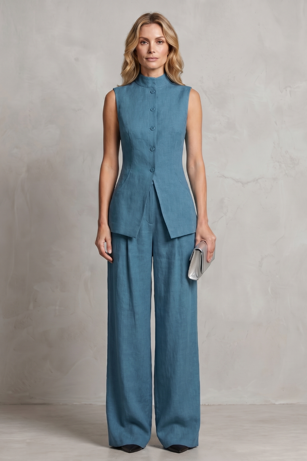 Gray colorway, full-length view of the tailored two-piece set