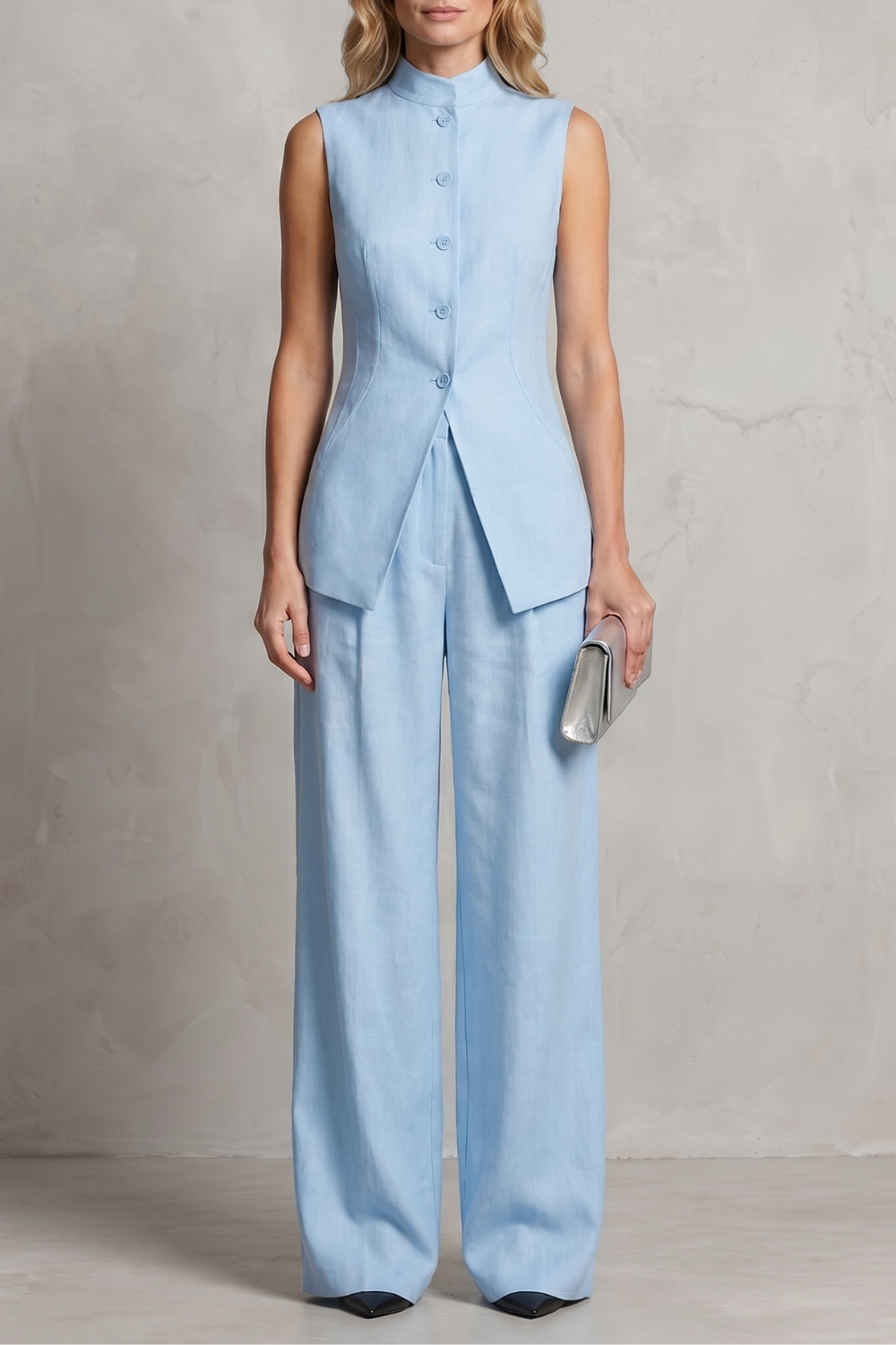Set styled with heeled sandals and a structured clutch for evening