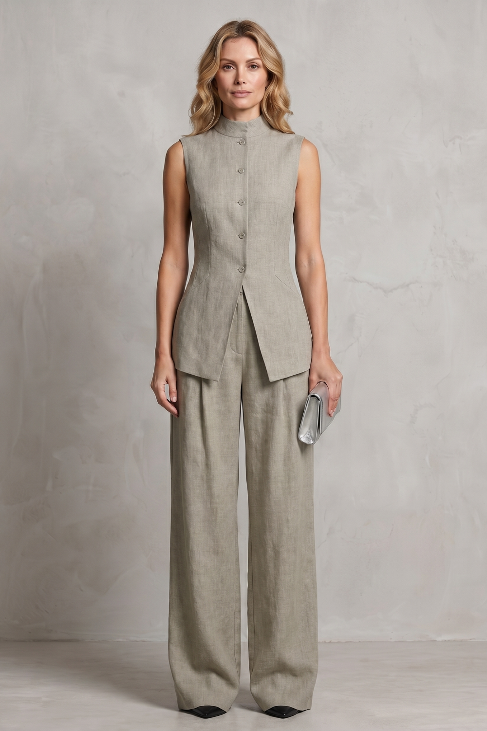 Light Blue colorway, full-length view of the wide-leg pants set