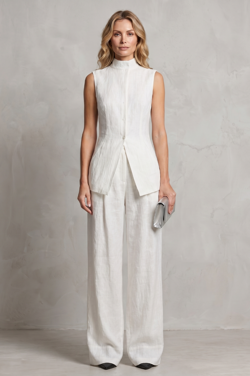 White colorway, full-length view of the draped pants set