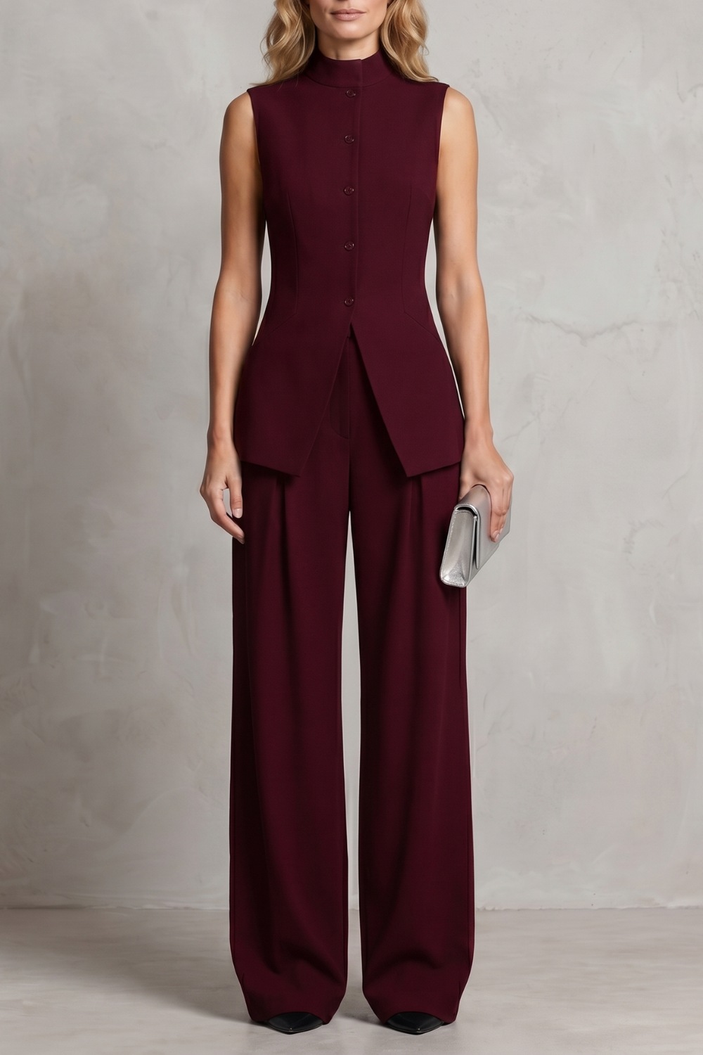 Apricot colorway of the sleeveless draped top and pants set